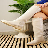 Günlük Kadın Diz Altı Çizme Alçak Topuklu Tırtıklı Tabanlı Oval Burun Kürklü Astarlı Sade Rahat 1050