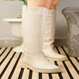 Günlük Kadın Diz Altı Çizme Alçak Topuklu Tırtıklı Tabanlı Oval Burun Kürklü Astarlı Sade Rahat 1050