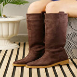 Günlük Kadın Diz Altı Çizme Alçak Topuklu Tırtıklı Tabanlı Oval Burun Kürklü Astarlı Sade Rahat 1050