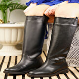 Günlük Kadın Diz Altı Çizme Alçak Topuklu Tırtıklı Tabanlı Oval Burun Kürklü Astarlı Sade Rahat 1050