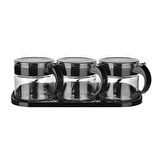 Meleners® Siyah 3lü Standlı Kapaklı Kaşıklı Cam Hava Sızdırmaz Baharatlık Takımı KC-386
