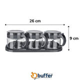 Meleners® Siyah 3lü Standlı Kapaklı Kaşıklı Cam Hava Sızdırmaz Baharatlık Takımı KC-386