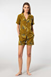 Türen Kadın Desenli Dokuma Şort Pijama Takımı 3605/Haki