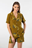 Türen Kadın Desenli Dokuma Şort Pijama Takımı 3605/Haki