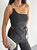 Asimetrik Crop Pantalon Ikili Takım - Füme