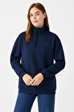 Üç İplik Dık Yaka Yarım Fermuarlı SweatShirt - Lacivert