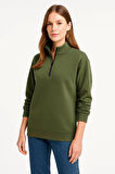 Üç İplik Dık Yaka Yarım Fermuarlı SweatShirt - Haki