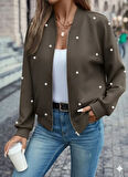 Kadın Uzun Kollu önden Fermuarlı Incili Kısa Modal Ceket