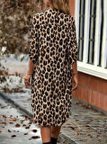 Kadın Uzun Kollu Yakalı önden Düğmeli Leopar Desenli Modal Midi Elbise