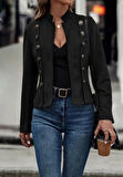 Kadın Uzun Kollu Hakim Yaka Yanlardan Düğmeli Kısa Süet Ceket