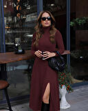 Kadın Uzun Kollu Balıkçı Yaka Derin Yırtmaç Detay Modal Elbise