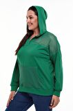 Kadın Büyük Beden File Detaylı Kapüşonlu Yeşil Sweatshirt