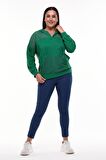Kadın Büyük Beden File Detaylı Kapüşonlu Yeşil Sweatshirt