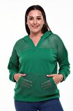Kadın Büyük Beden File Detaylı Kapüşonlu Yeşil Sweatshirt