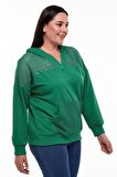 Kadın Büyük Beden File Detaylı Kapüşonlu Yeşil Sweatshirt