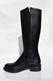 Kısa Topuk Fermuarlı Diz Altı Siyah Binici Çizmesi-Siyah-37
