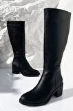 Kalın Topuklu Fermuarlı Diz Altı Uzun Çizme-Siyah-39