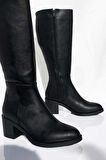 Kalın Topuklu Fermuarlı Diz Altı Uzun Çizme-Siyah-39