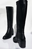 Kalın Topuklu Fermuarlı Diz Altı Uzun Çizme-Siyah-39