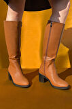 Kalın Topuklu Fermuarlı Diz Altı Uzun Çizme-Taba-39