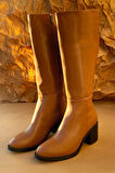 Kalın Topuklu Fermuarlı Diz Altı Uzun Çizme-Taba-39