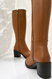 Kalın Topuklu Fermuarlı Diz Altı Uzun Çizme-Taba-39
