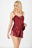 Bordo Saten Babydoll Şortlu Takım - 281