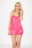 Fuşya Saten Babydoll Şortlu Takım - 279
