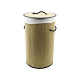 YUVARLAK HASIR - AHŞAP KİRLİ ÇAMAŞIR SEPETİ 37X60CM SEYYAR KAPAKLI İÇİ BEZLİ İP KULPLU  