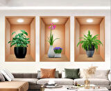 3D Çiçek Vazo Duvar Sticker 3 lü Set Kahverengi Fon (4490)