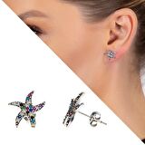 Tesbihane Multicolor Zirkon Taşlı Deniz Yıldızı Tasarım 925 Ayar Gümüş Kadın Küpe