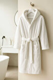 Beyaz Gramajlı Kapşonlu Garson Boy Çocuk Banyo Bornozu