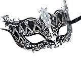 Kristal Gümüş Taşlı Siyah Renk Lazer Kesim Metal Lüks Maske Balo Parti (5224)