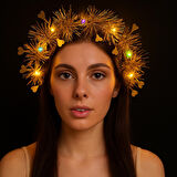 Kalp Püsküllü Gece Parıltısı 3 Modlu LED&amp;apos;li Işıklı Taç Altın Renk (5224) AZ-522489Gosa5038