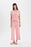DeFacto Pijama Takımı Kısa Kollu Üst Esnek Belli Geniş Paça Altı-Fall in Love D8454AX25SPBR80
