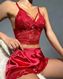 La Pure Kırmızı Dantelli Saten Şortlu Gecelik Takımı | Seksi ve Şık 2 li Kadın Ev Giyim Seti