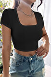 Kadın Siyah Yarım Kol Düz Yaka Crop Top Bluz