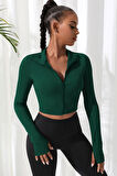 Kadın Yeşil Uzun Kol Fermuarlı Parmak Geçme Detaylı Dik Yaka Crop Top Bluz