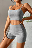 Kadın Gri Melanj Şortlu Kaşkorse Gecelik Takım