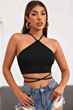 Kadın Siyah Sırtı Açık Boyundan Çapraz Bağlamalı Crop Top Bluz