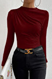 Kadın Bordo Belden ve Boyundan Büzgü Detaylı Uzun Kollu Bluz