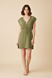 Kadın Haki Yanları Yırtmaçlı Tokalı V Yaka Mini Plaj Elbisesi