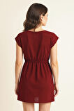 Kadın Bordo Yanları Yırtmaçlı Tokalı V Yaka Mini Plaj Elbisesi