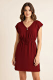 Kadın Bordo Yanları Yırtmaçlı Tokalı V Yaka Mini Plaj Elbisesi
