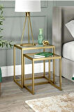 Modern Gold Renk Metal İskeletli Temper Camlı Zigon Sehpa Yan Sehpa