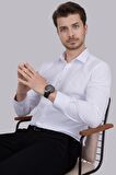 Gömlek Kravat Seti ( sunda Lacivert Çizgi Desenli Kravat & Beyaz Armür Slimfit Gömlek)