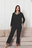 Kadın Siyah Leopar Desen Gömlek Yaka Önden Düğmeli Likralı Viskon Mevsimlik Uzun Kol Pijama Takımı