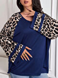 Kadın Uzun Leopar Kol Detaylı Lacivert Bluz