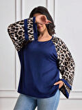 Kadın Uzun Leopar Kol Detaylı Lacivert Bluz