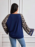 Kadın Uzun Leopar Kol Detaylı Lacivert Bluz